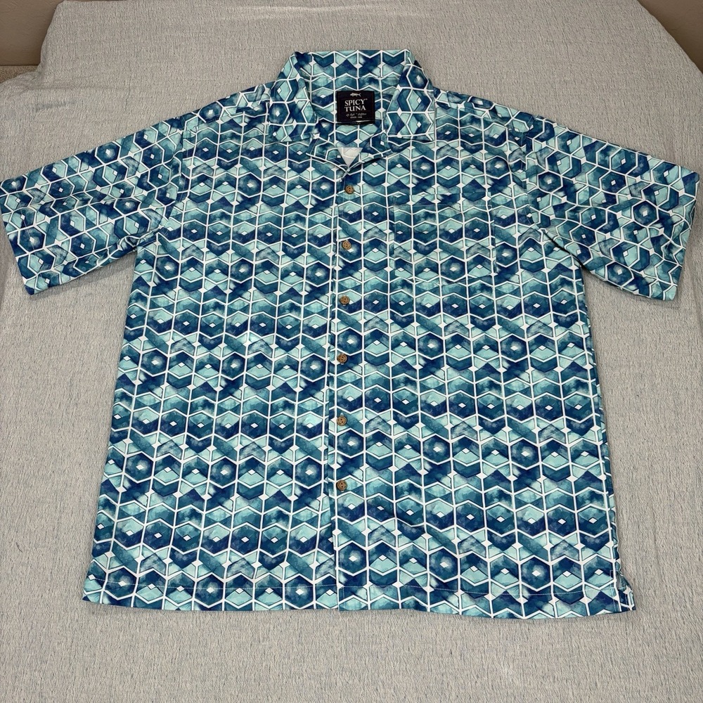 SPICY TUNA Mens LARGE Teal White Geometric Lightweight Button Up‎ Hawaiian Shirt